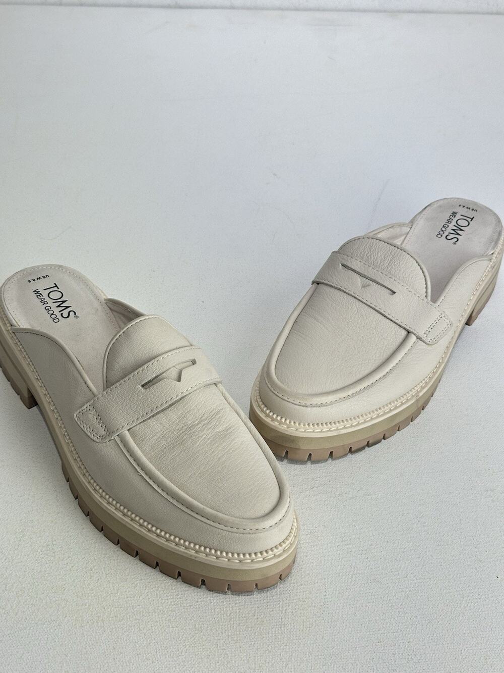 TOMS Beige Cara Mule Slip On Penny Loafer Shoes Casual Comfort Office Size 8.5